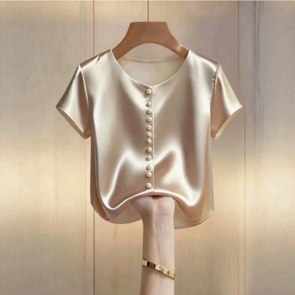 Zara Summer Satin Short Sleeve Round Neck Single Button Loose Fit Office Blouse